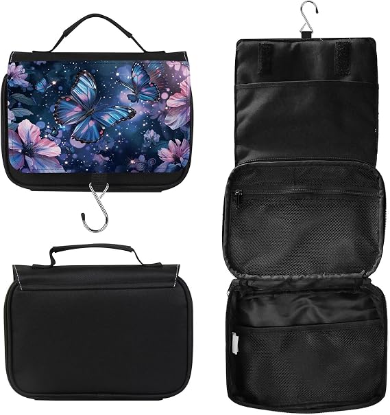 Toiletry Bag, Hanging Travel Bag for Toiletries, Makeup Cosmetic Bag Organizer, Carry-on Travel Accessories Essentials, Purple Butterfly