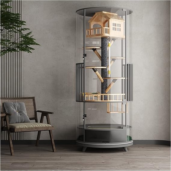 Cat House 360rotatable Cat Cage Villa Wood Panoramic Display Cabinet Cat Litter Glass House with Toilet Cat Villa