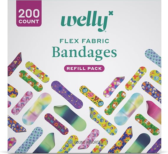 Welly Bandage Refill Ready Pack | Adhesive Flexible Fabric Bandages | Bulk Assorted Shapes and Patterns for Minor Cuts, Scrapes, and Wounds - 200 Count