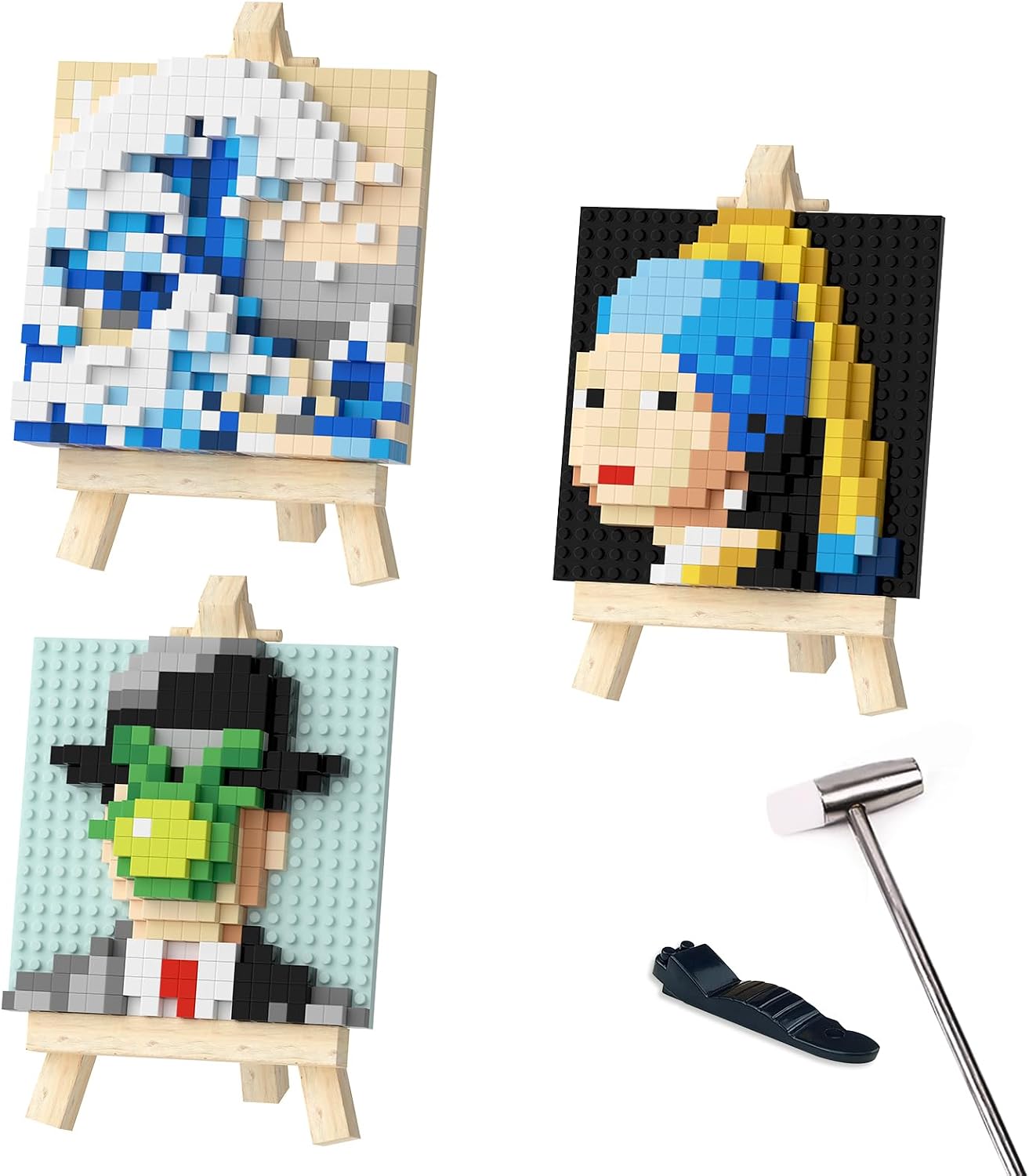 3 Packs World Famous Painting MOC Building Block Set, Kanagawa Surf & The Girl with The Pearl Earring & The Son of Man, with Mini Easel x 3 Mini Building Blocks Set Not Compatible with Lego