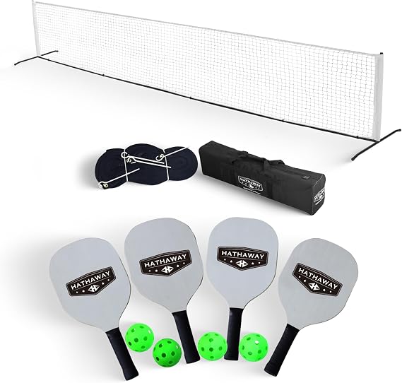 Hathaway Deluxe Pickleball Set with Net - Laminated Wood Pickleball Paddles Set of 4, Black Boundary Line, 4 Pickleball Balls, Carrying Bag, Portable Pickleball Net for Driveway, Court, More