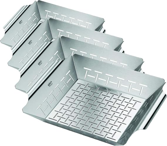 Weber Deluxe Grilling Basket Stainless Steel Grill Basket for Vegetables,Seafood & Small Foods,Durable BBQ Cooking Accessory for Charcoal and Gas Grills,(Pack of 4)