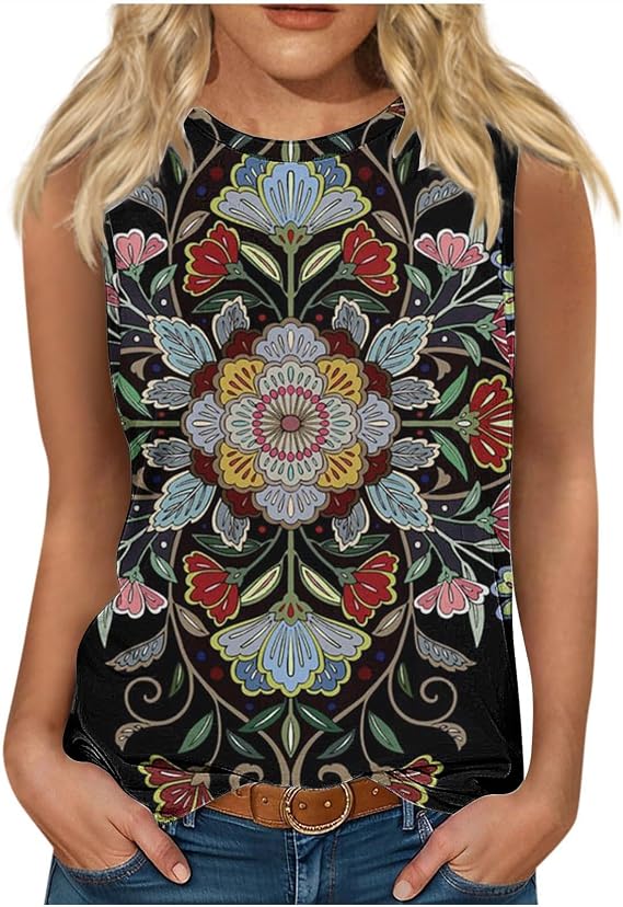 Lastesso Womens Tank Tops Vintage Printing Summer Tops Casual High Neck Sleeveless Tops Fashion Summer Going Out Tanks