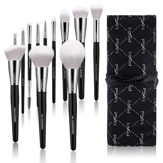 Enther & LaFeel Makeup Brush Set, Premium Cosmetic Wood Handle Brushes 12pcs for Foundation Blending Blush Concealer Eye Shadow, Cruely-Free Synthetic Fiber Bristles, Travel Makeup Bag Included, Classic Pro Black Collection