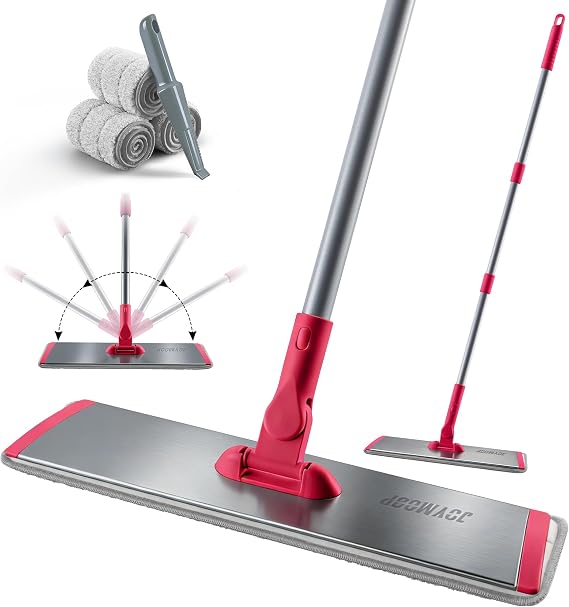 JOYMOOP 18 Inch Dust Mop for Hardwood Floors, Heavy Duty Industrial Wet Dry Mops with Telescopic Handle, Includes 3 Microfiber Mop Pads - Red-Grey
