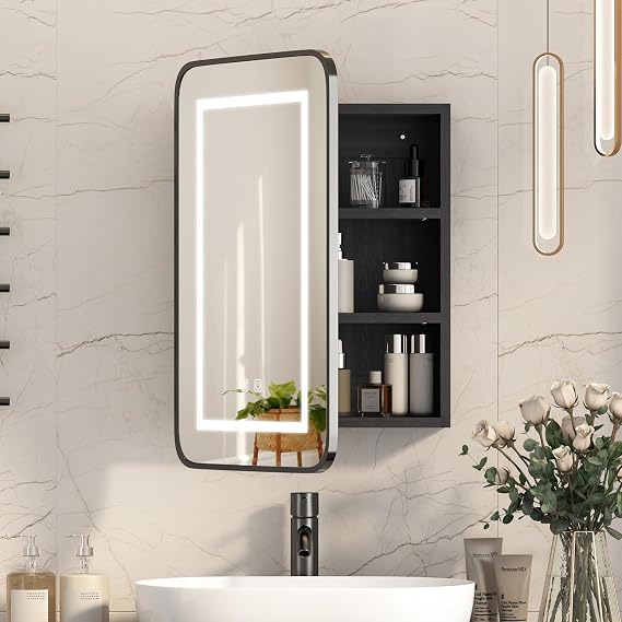 Lighted Bathroom Mirror Cabinet,LED Bathroom Cabinet with Mirror | Black Metal Edge Mirrored Cabinet with Demister,Touch Control,Memory Lighted,3 Color,Adjustable Color Temperature,40x60x13 [Energy Class E]