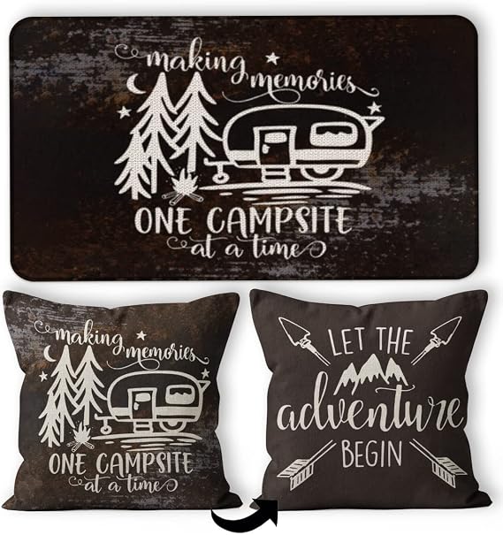 Making Memories One Campsite At A Time Rust Decorative Doormat 17X30,Let The Adventure Begin Rust Reversible Throw Pillowcase 18X18,Set Of 1 Pillow Cover 1 Doormat,Campsite RV Decor, Campers Gifts