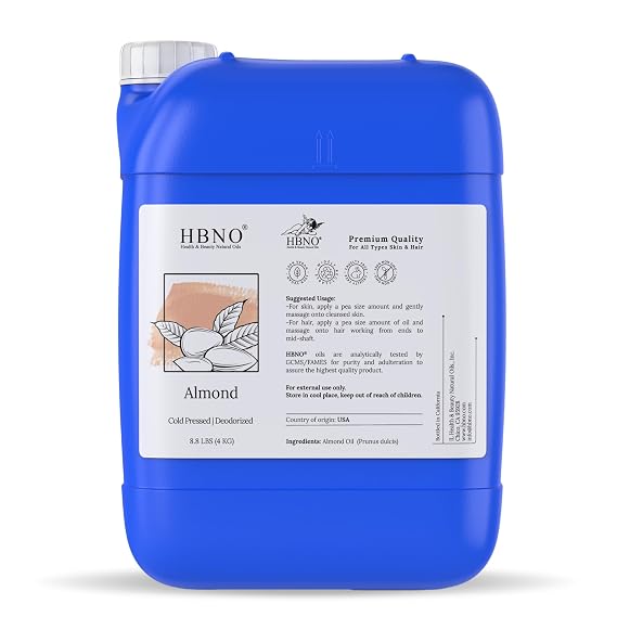 HBNO Almond Oil - 8.8 lbs (4kg) - Ideal for Shampoos, Conditioners, Makeup removers, Cuticle treatments, Massage blends, Face wash, Lotions, and Skin care products.