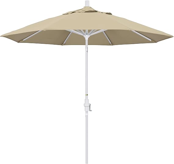 California Umbrella 9' Round Aluminum Patio Umbrella, Crank Lift, Collar Tilt, White Pole, Antique Beige