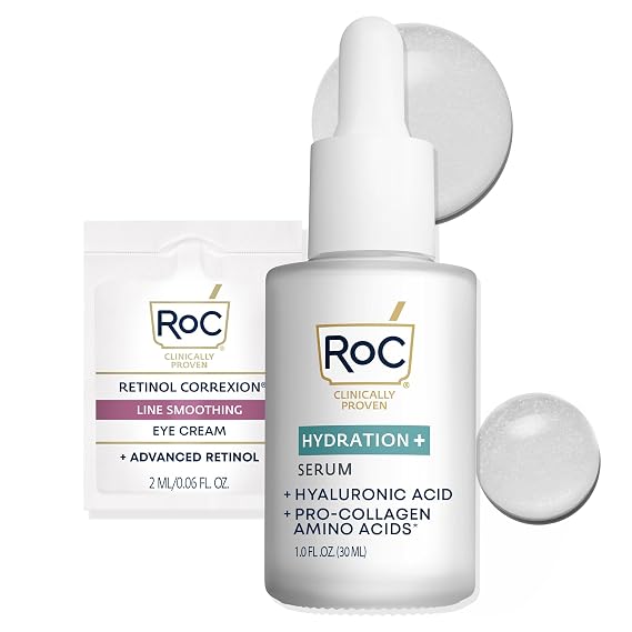 RoC Hydration+ Hyaluronic Acid Serum For Face, Hydrating and Plumping, 1oz | Fragrance-free. Face hyaluronic serum, lightweight formula with collagen proteins, includes retinol eye cream packette.