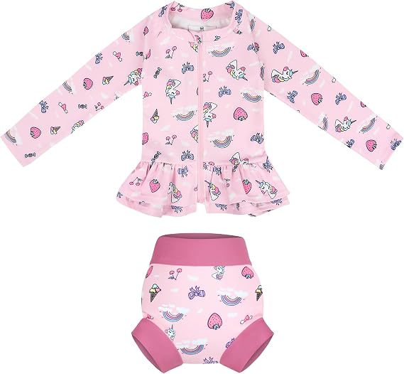 MooMoo Baby Rash Guard Swimsuit Set Reusable Swim Diapers Long Sleeve UPF 50+ Swim Shirt for Swim Lesson and Pool
