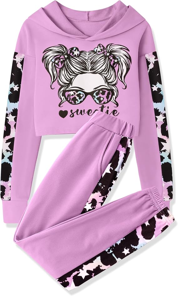 Crazyme Girls Clothes Cool Girl Print Pure Color Drop Shoulder Hoodie and Jogger Sweatpants 2 Piece Tracksuits Sets, 6-14Y