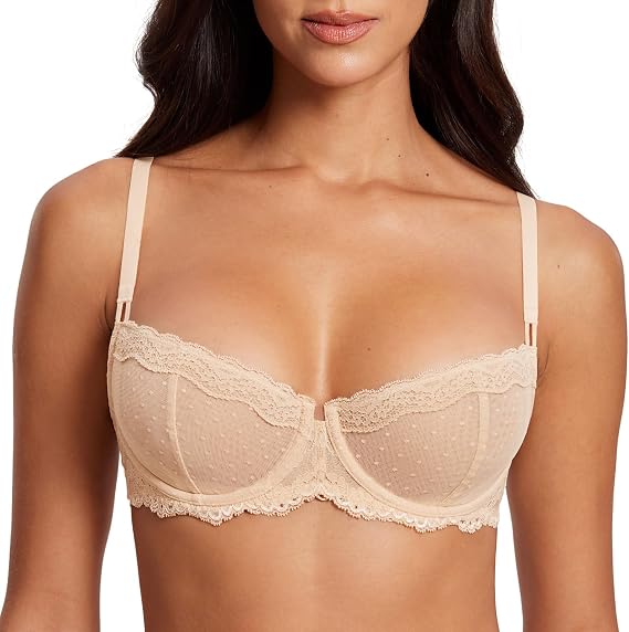DOBREVA Women's Sheer Lace Bra Underwire Balconette
