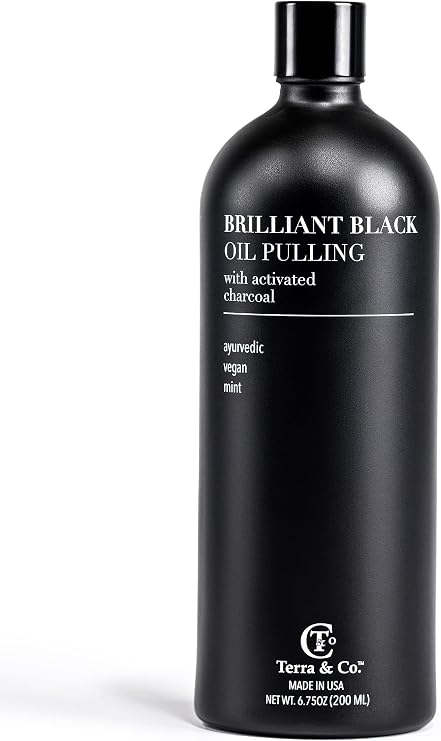 Terra & Co. Brilliant Black Oil Pulling Mouthwash | Natural Coconut Oil Rinse with Vitamin E & Activated Charcoal | Fluoride-Free & Alcohol-Free | Fresh Breath, Whiter Smile | Made in USA | 6.75 oz