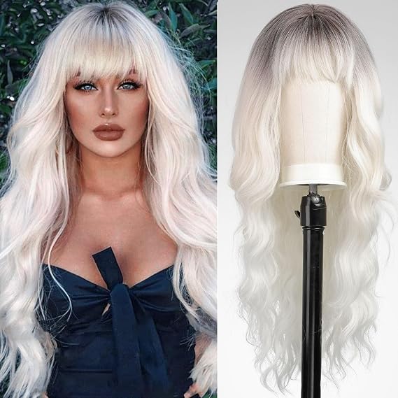 KOME Ombre Platinum White Wigs with Bangs,White Long Wavy Wig for Women,Long Curly Wigs Synthetic Hair Dark Roots Wig for Party Cosplay Daily Use 24IN
