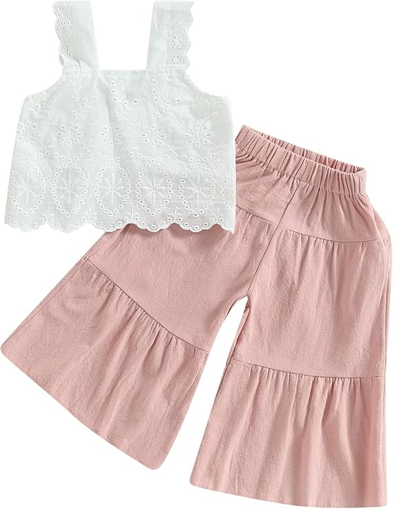 Yoawdats Toddler Baby Girls Summer Outfit Cute Sleeveless Lace Embroidery Tank Top Wide Leg Pants Kids 2 Piece Clothing Set