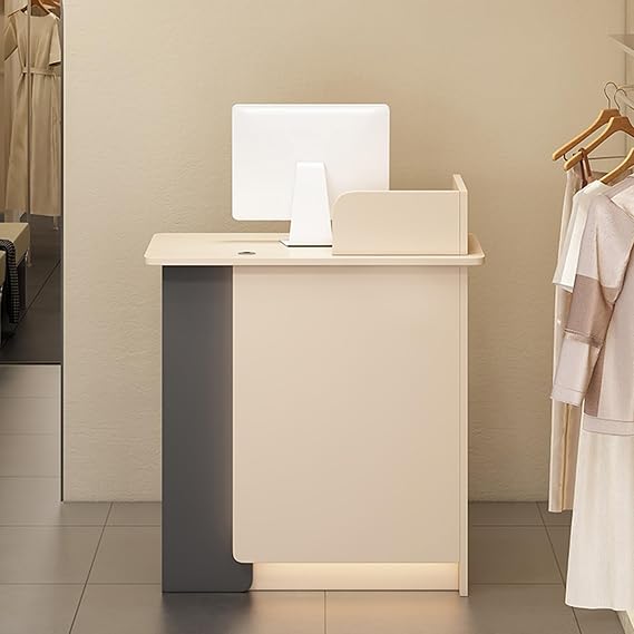 Front Desk Reception Counter Table,l Shaped Small Reception Desk,Modern Retail Counter Checkout,Wooden Receptionist Desk,with Lockable Drawer and LED Lights,Check Out Counter,for Beauty Salon(Apricot