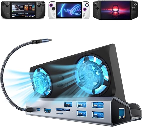 Steam Deck OLED & ROG Ally X & Legion Go & Switch 2 10-in-1 Docking Station Dual Cooling Fan, 5 USB Ports, 4K@60Hz, HDMI 2.0, 100W Charging Port, Support ROG Ally 30W Mode, Gigabit Ethernet, SD/TF