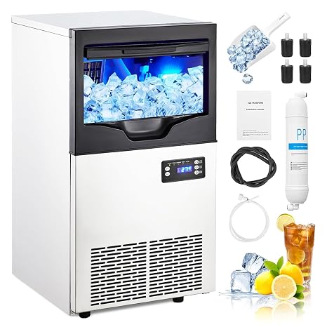 Commercial Ice Maker Machine, 110LBS/24H Under Counter Ice Maker, Freestanding Ice Machine w/ 35LBS Ice Storage Bin, Ice Ready in 5-15 min, Auto Self-Cleaning, Large Ice Maker for Restaurant Home