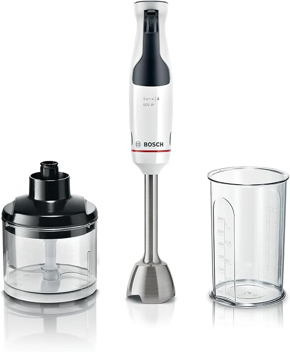 Bosch Home Appliance - MSM4W220 ErgoMaster 4 Series, Hand Blender, 600W Motor, QuattroBlade Mixer, Accessories Included - White