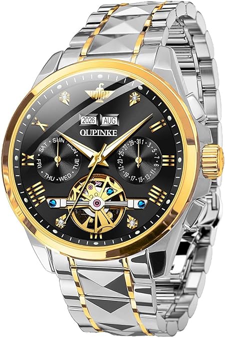 OUPINKE Mens Watches Skeleton Automatic Mechanical Premium with Calendar Sapphire Crystal Tungsten Steel Waterproof Wrist Watch