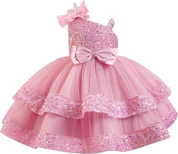 IMEKIS Toddler Baby Girls Pageant Dress Shiny Bow Asymmetric Shoulder Formal Birthday Party Tiered Tulle Gowns 1-8T
