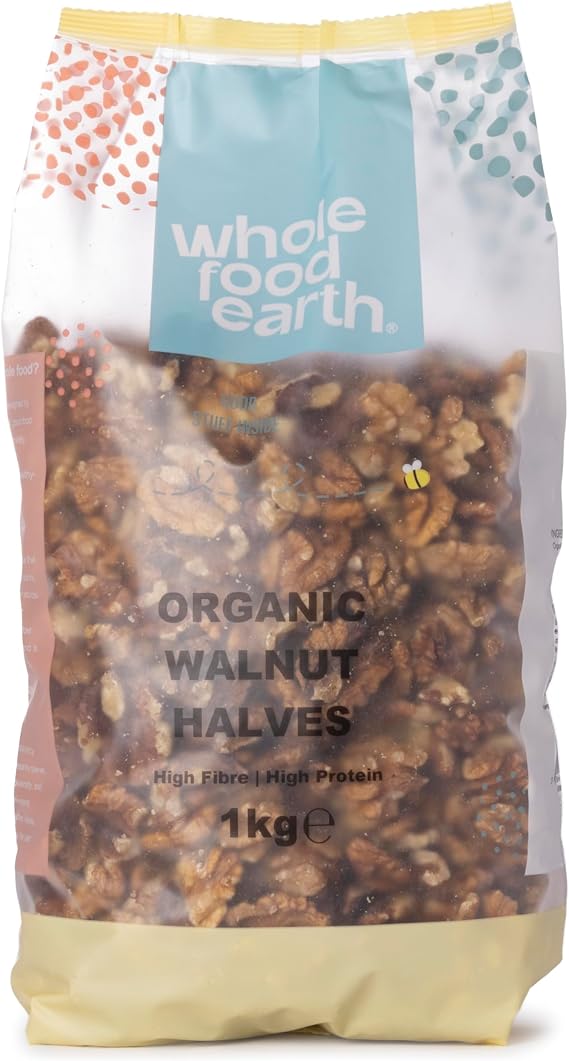 Wholefood Earth Organic Walnut Halves 1kg Raw | GMO Free | Vegan | High Fibre | High Protein | Certified Organic