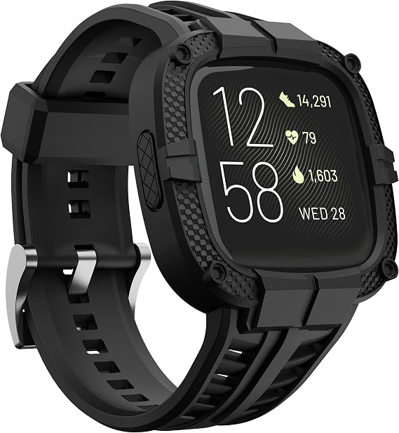 Compatible for Fitbit Versa 2 Bands All Round Protective Case Rugged Sport Band Wristbands for Men Women Black