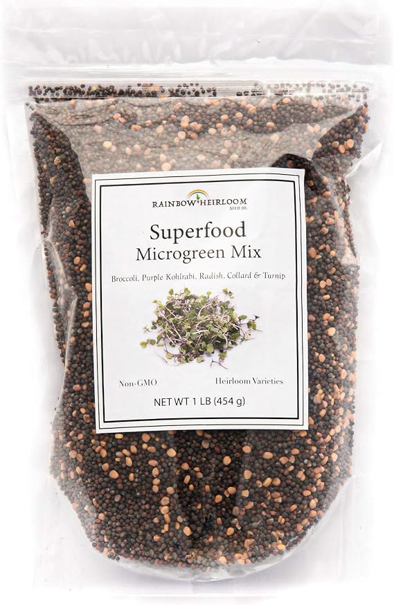 Superfood Microgreen Seeds Mix | for Microgreens Growing Trays | 1 LB | Heirloom Non GMO Purple Kohlrabi, Collard, Radish, Turnip & Broccoli Sprouts Seeds | Rainbow Heirloom Seed Co.