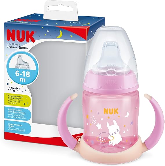 NUK First Choice Sippy Cup Night 6-18 Months 150 ml Glow in the Dark Handles & Orthodontic Silicone Spout Leak-Proof Anti-Colic Pink