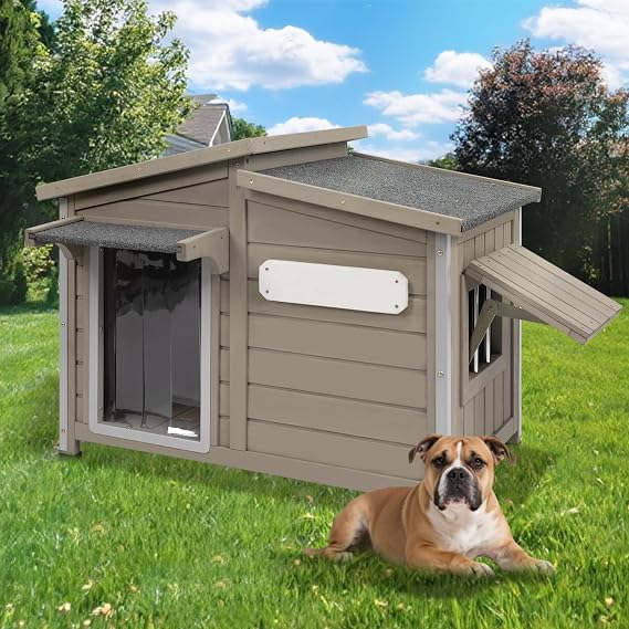Large Outdoor Wooden Dog House, Weatherproof Dog Houses with Adjustable Vent Windows, Alloy Chew-Resistant Frame, Removable Floor for Medium & Large Dogs (34" L x 22" W x 25.9" H)