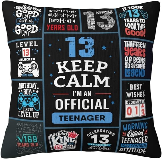 13 Year Old Boy Birthday Gifts, 13th Birthday Gifts for Boys, 13 Year Old Boy Gift Ideas, 13th Birthday Decorations for Boys Throw Pillow Covers 18x18 Inch