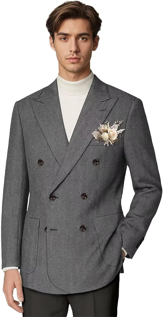 Blazer for Men Slim Fit Tweed Herringbone Sport Coat Retro Double Breasted Casual Mens Suit Jacket