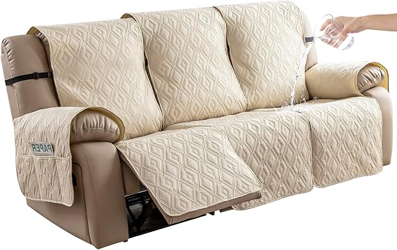 Genina Waterproof Recliner Cover - 3 Seater Non-Slip, Washable Sofa Covers for Recliner Couch, Furniture Protector for Dogs & Kids (Beige, Recliner)