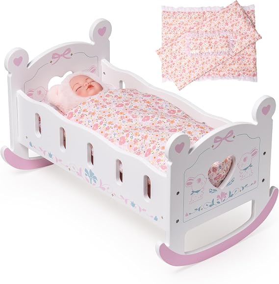 ROBOTIME Wooden Baby Doll Crib for 18-24 Inch Dolls, Pink