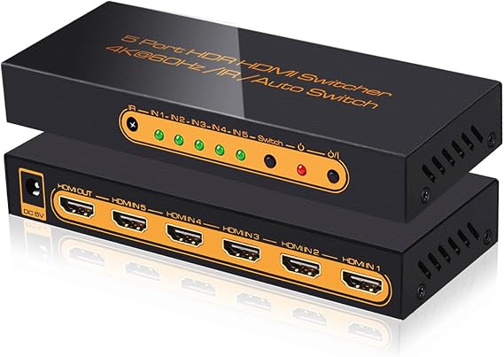 SkycropHD 4K@60Hz 5x1 HDMI Switch with Remote, 5 in 1 Out HDMI 2.0 Switcher | Support Auto Switch, HDR10, Dolby Vision, Dolby Atmos, 18Gbps, CEC,HDMI Selector Box for PS4 Xbox PC TV Monitor