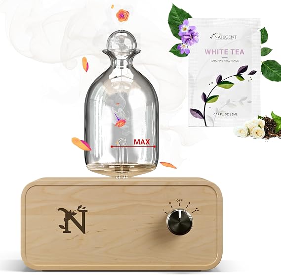 Serenity Glass Diffuser for Essential Oils with White Tea Fragrance Sample - Wood & Glass Oil Diffuser with Cold-Air Technology, Waterless & Cordless, Automatic Shut Off, Ideal for Bedroom & Office