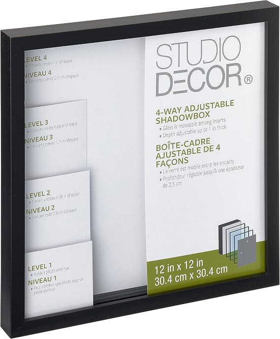 Studio Decor 12" x 12" Black Adjustable-Depth Shadow Box - Memory Box Display Case for Keepsakes, Mementos, and Memorabilia - 1-Pack