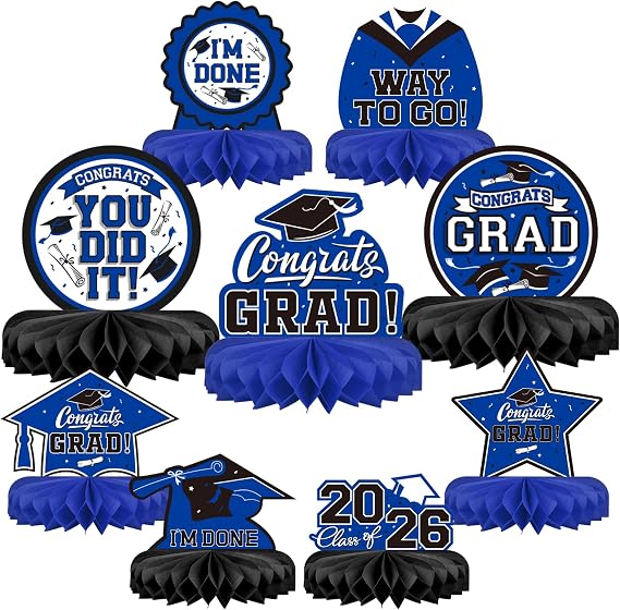 9PCS Graduation Party Decorations Class of 2026 Congrats Grad Table Centerpiece Congratulate Graduation Honeycomb Table Toppers for Graduation Party Supplies(Blue,Black)