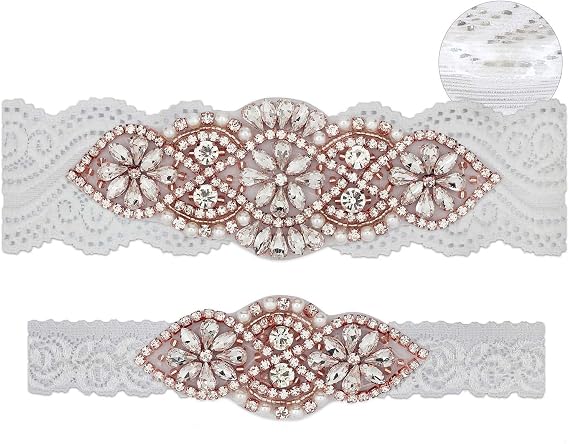 GARGALA Garters for Bride with Non-Slip Silicone, Lace Bridal Wedding Garter Belt Set with Rhinestones Crystal Pearl