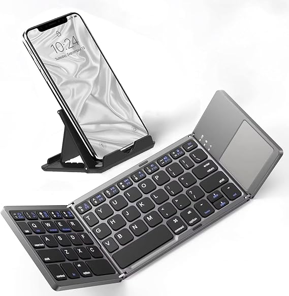 Slim Foldable Wireless Keyboard Compatible with Samsung Galaxy Xcover Pro with TOUCHPAD Mouse Fully Universal Providing 48H Use, 560 Days Standby, Portable, Compact, Tri-Fold, Rechargeable!