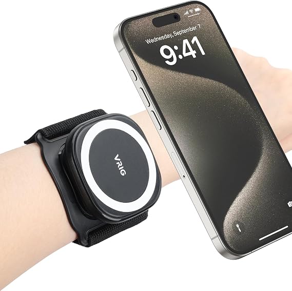 VRIG 360 Rotatable Magnetic Wristband Phone Holder, Wristband Cell Phone Holder, Magnetic Phone Holder, Compatible with magsafe iPhone 16 15 14 13 12 Pro Max Plus Mini