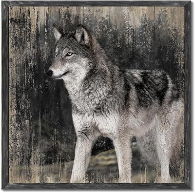 wooden framed wolf wall decor: black wolves picture wildlife animal artwork - gray forest wolf prints painting for bathroom wall art 12x12