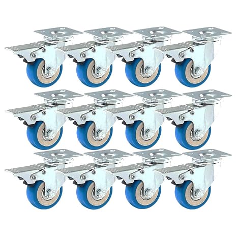 Caster Swivel Plate w/ Brake On Blue Polyurethane Wheels 2" w/ Brake, 12 Pack