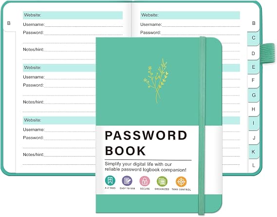 Simplified Password Book with Alphabetical Tabs, Hardcover Password Keeper Book for Seniors, Undated Password Notebook Organized for Website Internet Address Website Login Detail, 4.3"x5.7", Turquoise