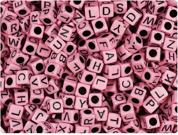 BeadTin Light Pink Opaque 6mm Cube Alpha Plastic Beads - Black Letter Mix (200pcs)