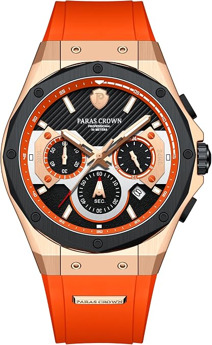 Paras Crown Watches for Men Luxury Japanese Quartz Movement Chronograph Analog Watch Stainless Steel Case 5ATM Waterproof Mens Watches