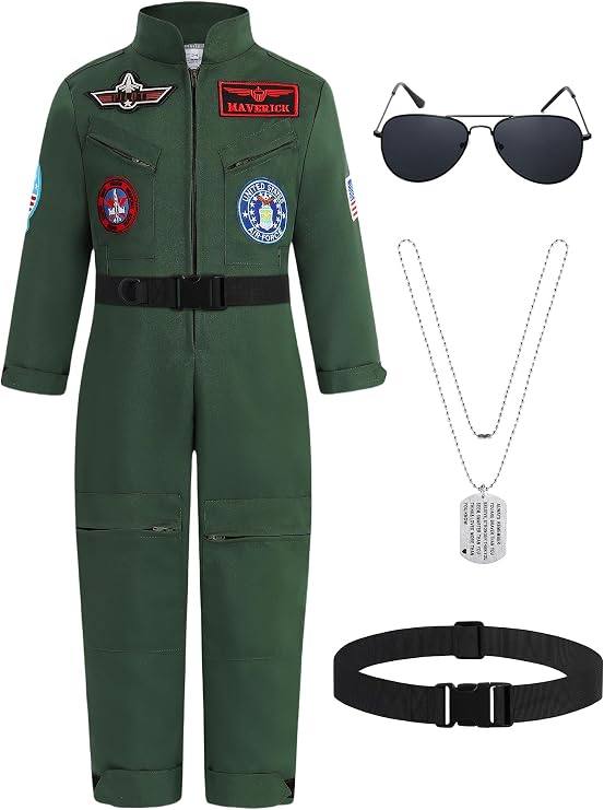 Kids Fighter Pilot Costume, Boys Green Tactical Aviator Suit Air Force Flight Jumpsuit with Accessories Sunglasses, ID Tag & Belt - Great for Halloween & Dress Up Fun MS083XS