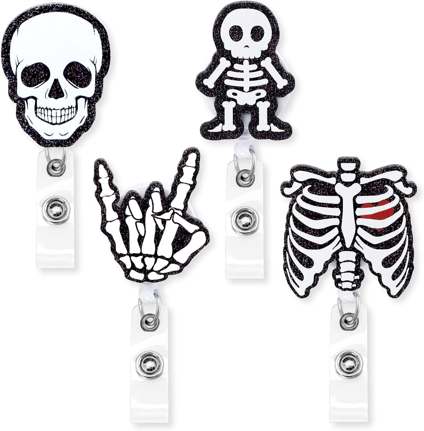Xylolfsty Xray Badge Reels 4PCS Acrylic Skeleton Retractable Badge Holder with Alligator Clip Glitter Rib Skull Patterns ID Badge Clips for Rad Tech Nurse Doctor Student Halloween Christmas Gift Idea