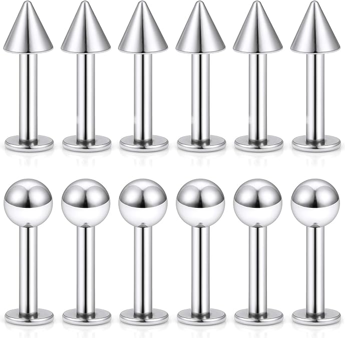 SCERRING 12PCS 14g Stainless Steel Balls & Spikes Labret Monroe Lip Cheek Tragus Cartilage Helix Earring Ring Body Piercing Jewelry 8-14mm